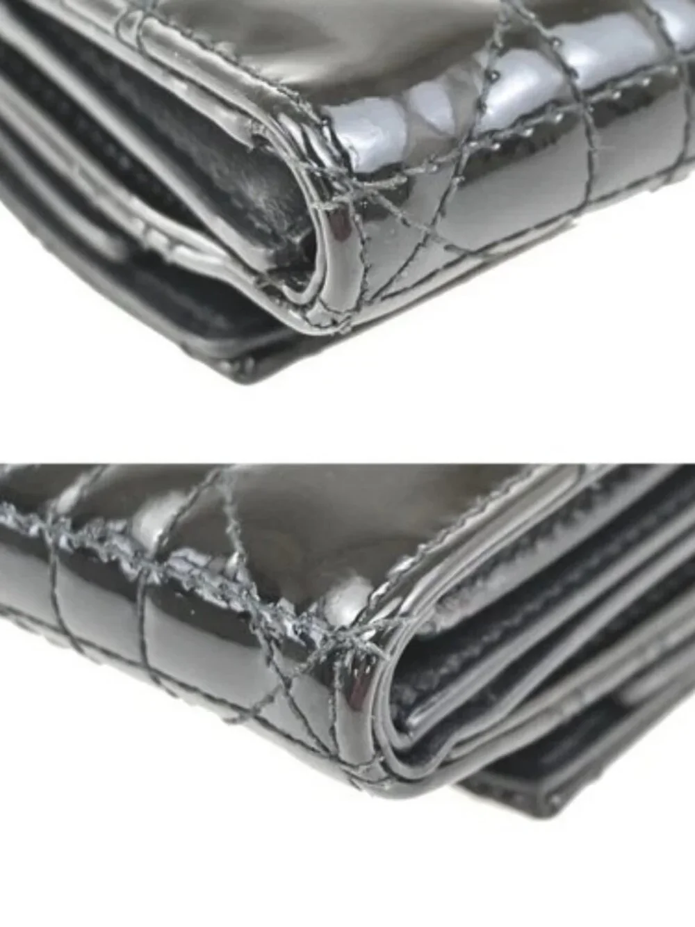 CHRISTIAN DIOR Logo Cannage Trifold Compact Wallet Patent Leather Black 34KC613
